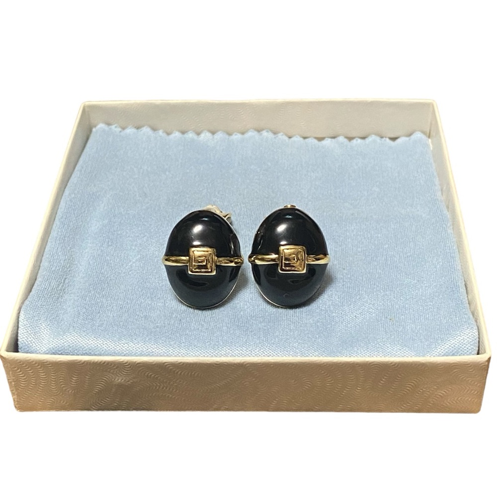 Vintage GIVENCHY SIGNED Logo Black Enamel & Gold Tone Clip-On Earrings